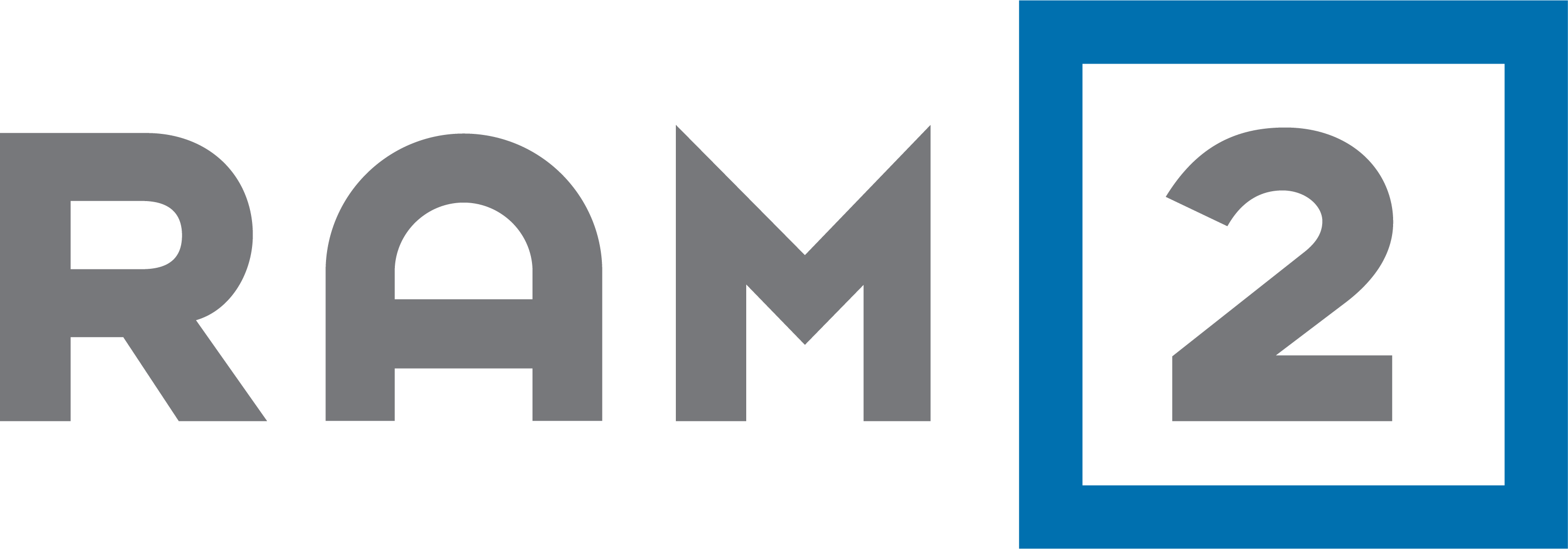 Logo of RAM2 with 'RAM' in gray and '2' in a blue square on a white background